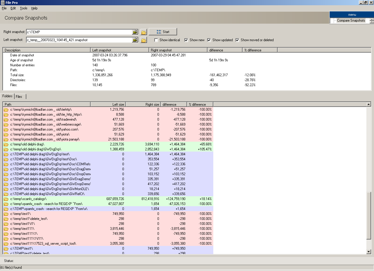 Compare snapshot against current disk state
